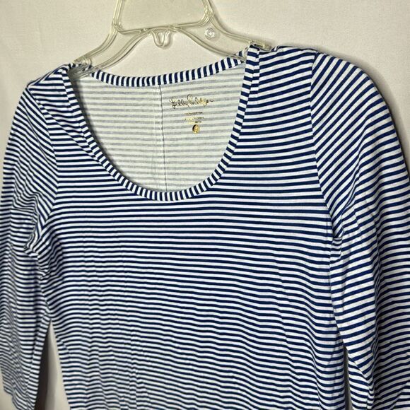 Lilly Pulitzer Beacon Navy Blue White Stripe Quarter Sleeve Mini Sleeve Dress. S - Picture 3 of 9